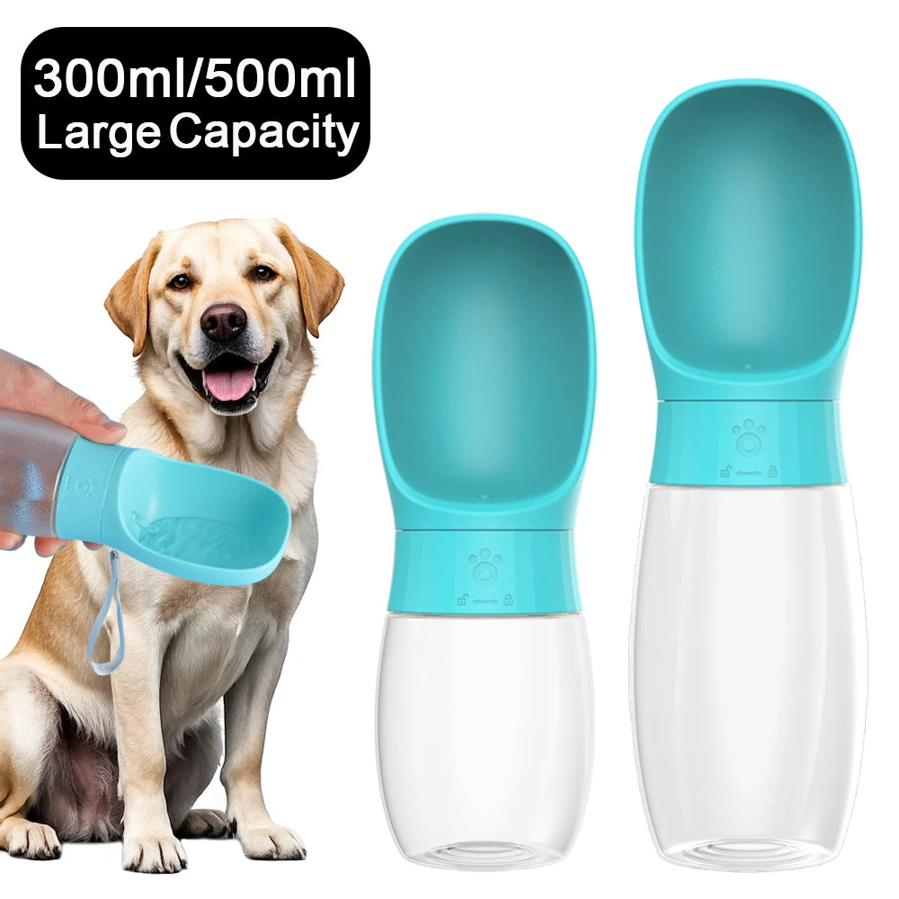 Pet water bottle with a dog, showing 300ml/500ml capacity, on a white background.