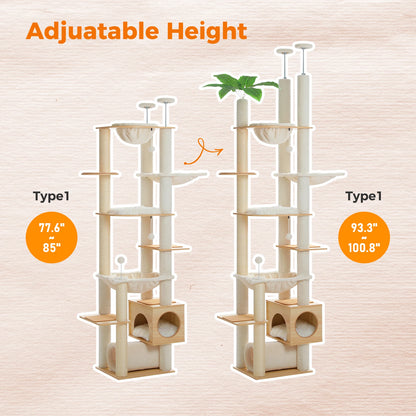 Height Adjustable Wooden Cat Tree with Large Hammock Sisal Scratching Posts Floor to Ceiling Cat Tower Cozy Cat Condo for Indoor
