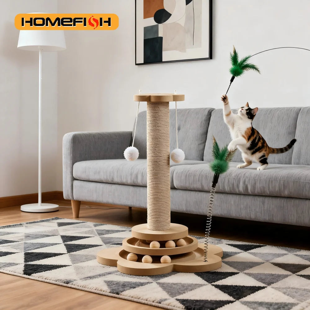 Pet Cat Toy Solid Wood Cat Turntable Funny Cat Stick Balls Durable Sisal Scratching Board Cat Supplies Cat Grab Column