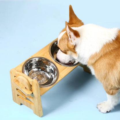 Adjustable wooden raised dog bowl stand with 2 stainless steel bowls for small dogs and cats, sturdy wooden pet food feeder
