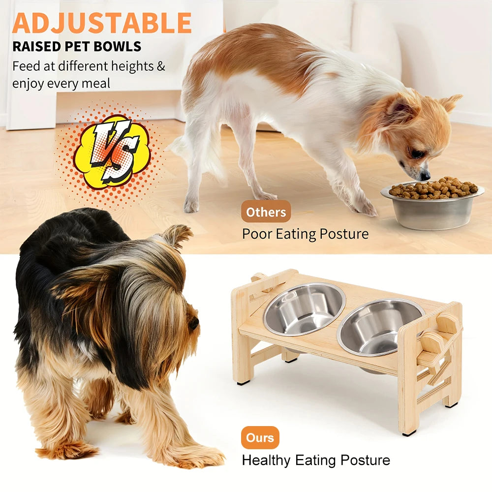 Adjustable wooden raised dog bowl stand with 2 stainless steel bowls for small dogs and cats, sturdy wooden pet food feeder