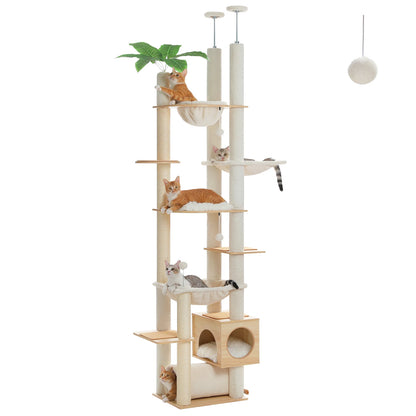 Height Adjustable Wooden Cat Tree with Large Hammock Sisal Scratching Posts Floor to Ceiling Cat Tower Cozy Cat Condo for Indoor