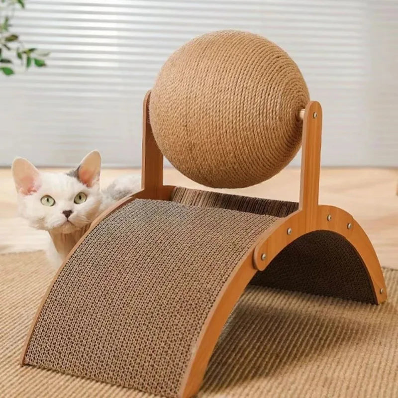 2 In 1 Cat Scratching Ball Wooden Cat Scratcher Sisal Scratch Board Wear-Resistant Grinding Paw Toy Solid Wood Scraper for Cats