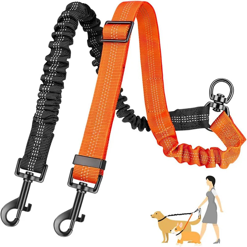 1.6ft Long Dual Dog Leash Attachment - Double Leashes for Training Small to Large Dogs - Adjustable Strap Shock Absorbing Bungee