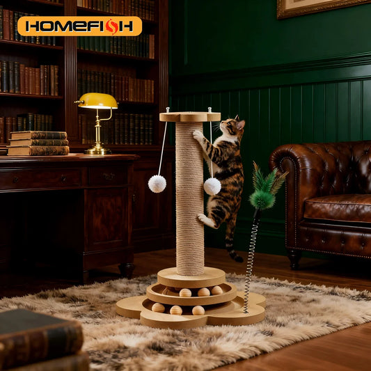 Pet Cat Toy Solid Wood Cat Turntable Funny Cat Stick Balls Durable Sisal Scratching Board Cat Supplies Cat Grab Column