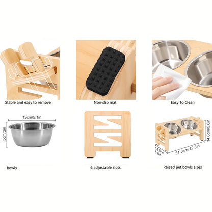 Adjustable wooden raised dog bowl stand with 2 stainless steel bowls for small dogs and cats, sturdy wooden pet food feeder