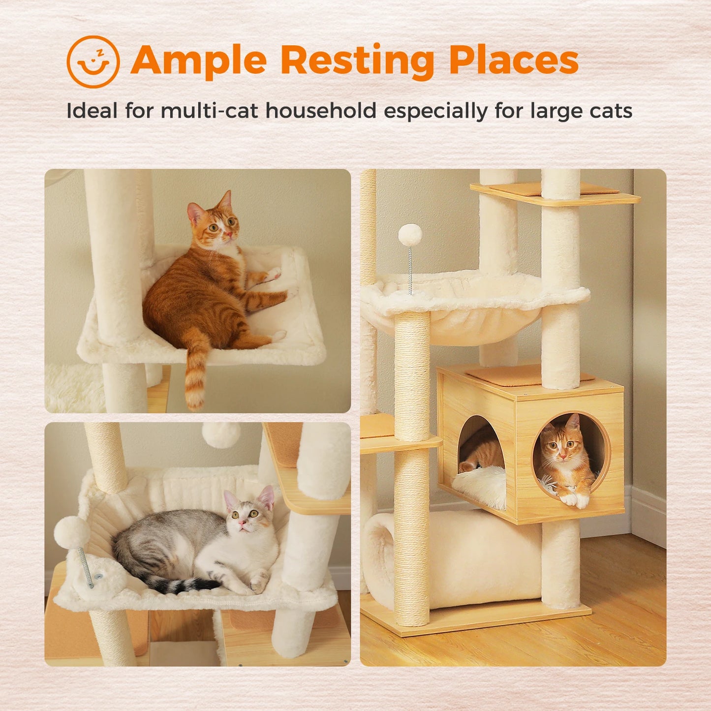 Height Adjustable Wooden Cat Tree with Large Hammock Sisal Scratching Posts Floor to Ceiling Cat Tower Cozy Cat Condo for Indoor